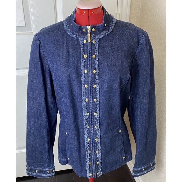 VTG St John Sport Classic Chic Preppy Denim Jacket Frayed Trim & Gold Details L - Picture 1 of 16